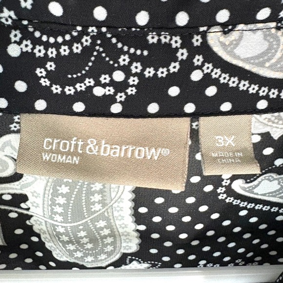 Croft & Barrow Sheer Woman Black White Paisley Dot Short Sleeve Button Up 3X - Picture 4 of 7